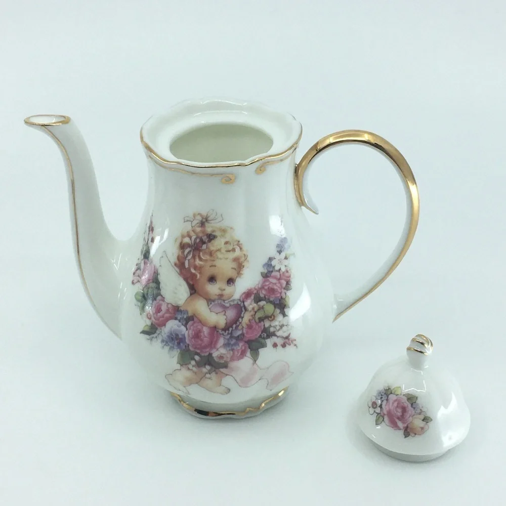 Vintage Children's Mini Tea Set White Porcelain Angel Pink Floral Gold Trim 10pc